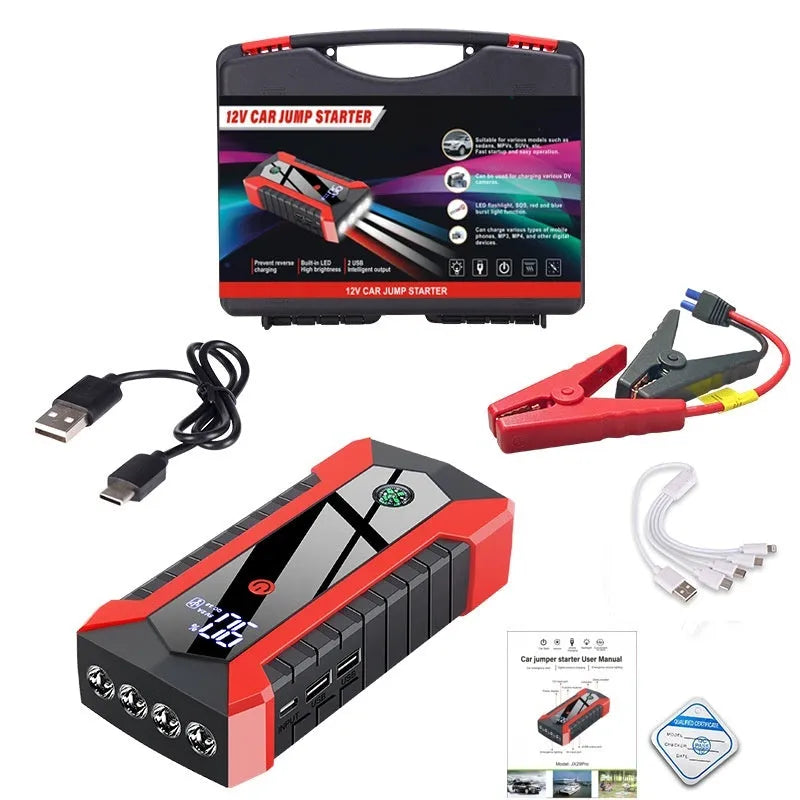 JX29Pro portable car emergency jump starter with 6000mAh battery and 2000A peak current on black background