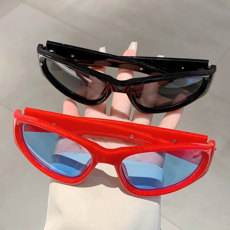 Polycarbonate sunglasses with special-shaped mirror lenses in multiple colour frame options.