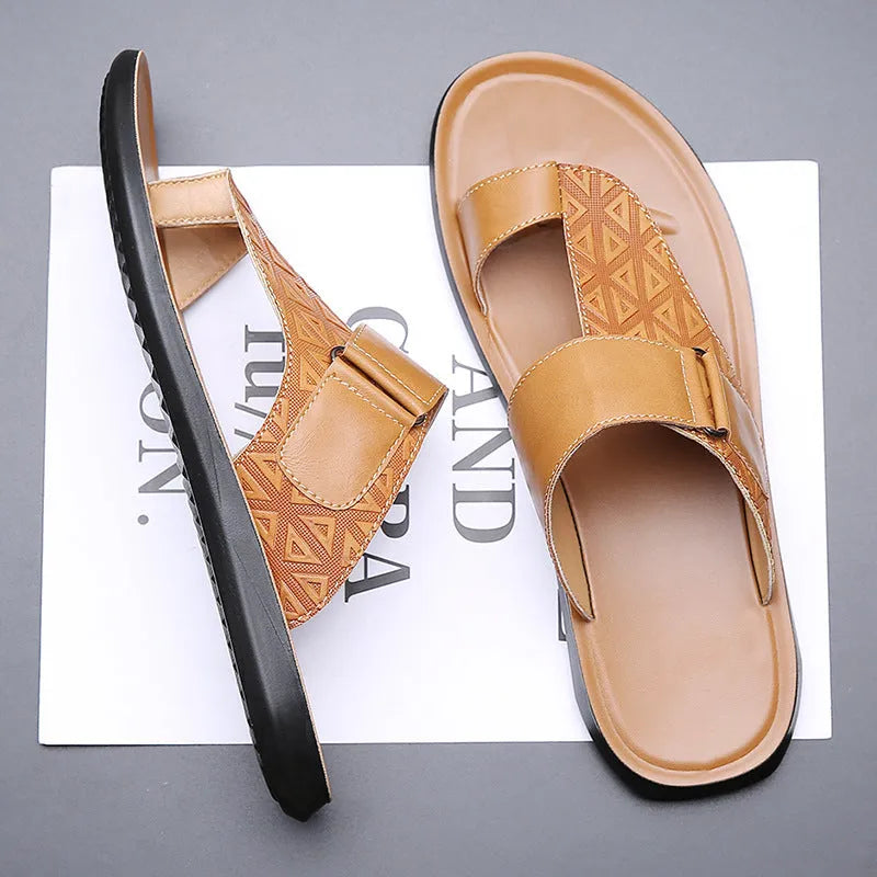 Men's light brown cowhide leather open-toe beach slippers with a rubber sole.