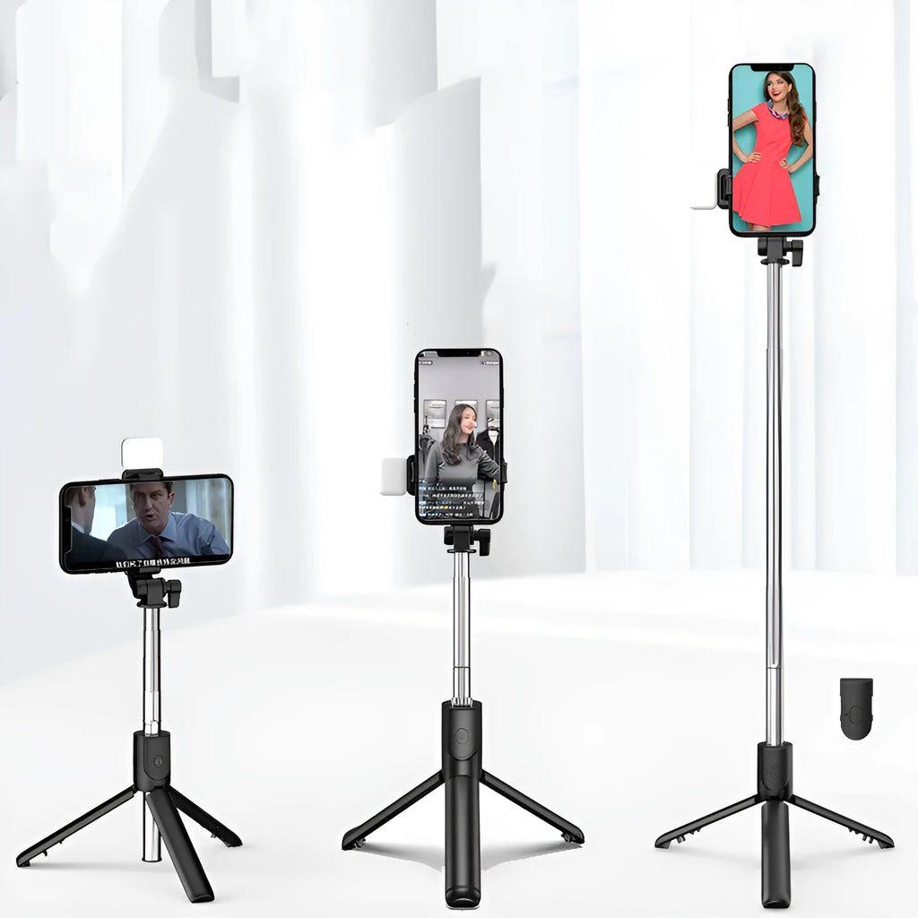 Black Bluetooth selfie stick with integrated tripod and 360-degree rotating phone holder, shown with a remote control.