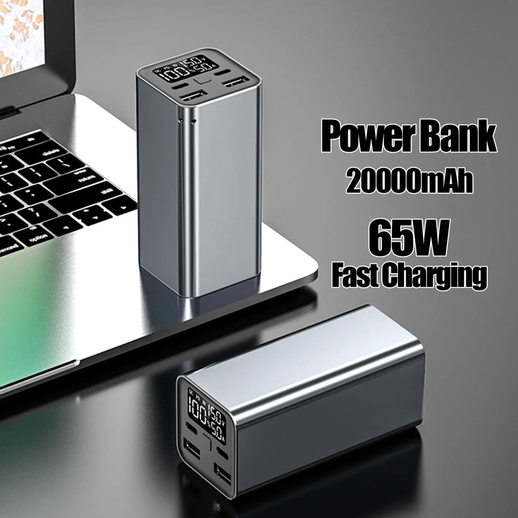 Black aluminium alloy 65W power bank with 20000mAh capacity for laptop charging, shown next to a charging cable.