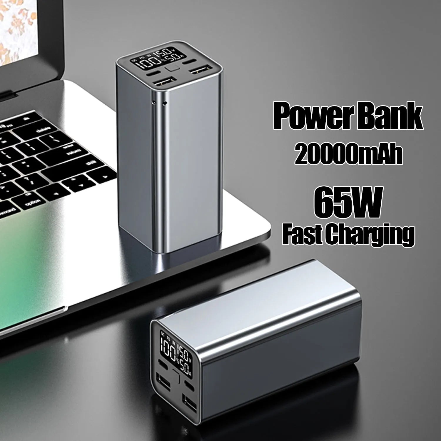 Black aluminium alloy 65W power bank with 20000mAh capacity for laptop charging, shown next to a charging cable.