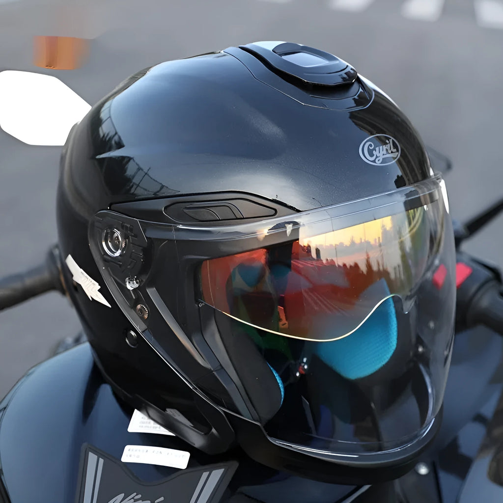Men's motorcycle half helmet with double visor and ABS shell, sizes M to 3XL, multiple colours