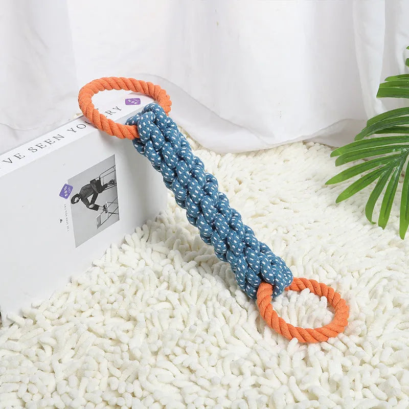 Blue double-ring braided cotton bone dog chew toy for teeth cleaning.