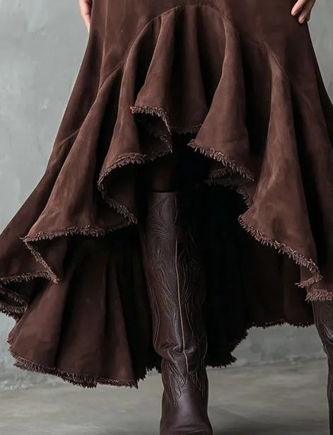 Western brown high-low maxi skirt with ruffle accents in eco suede-look polyester fabric