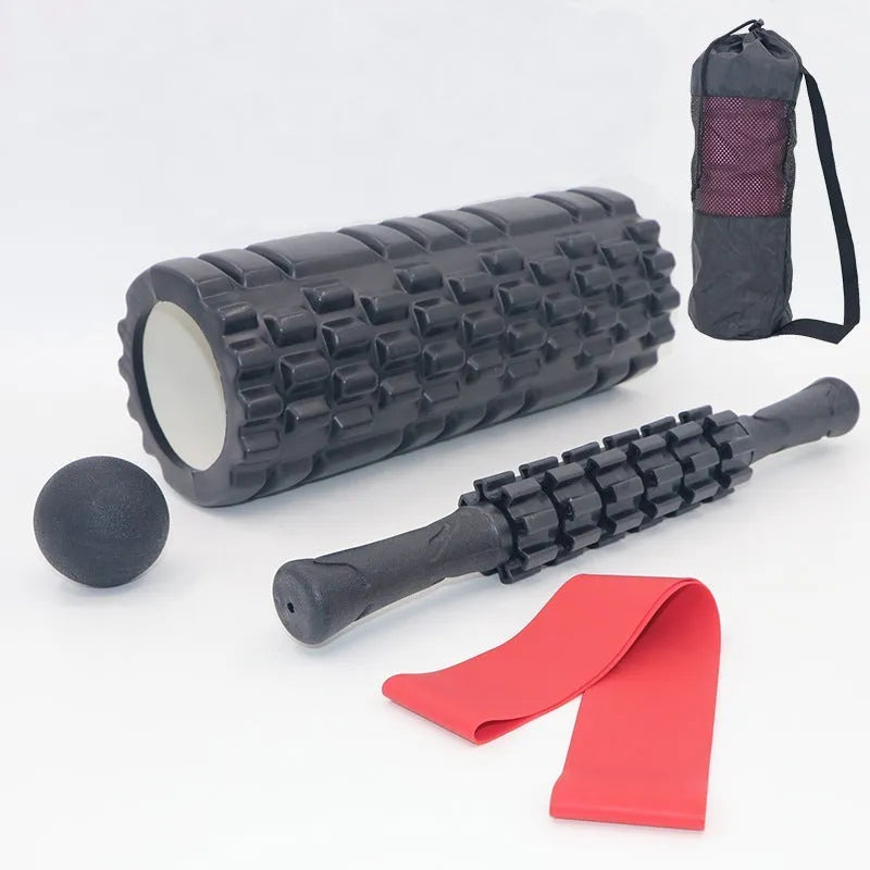 Black six-piece fitness foam massage roller stick, 33 cm long on a white background.