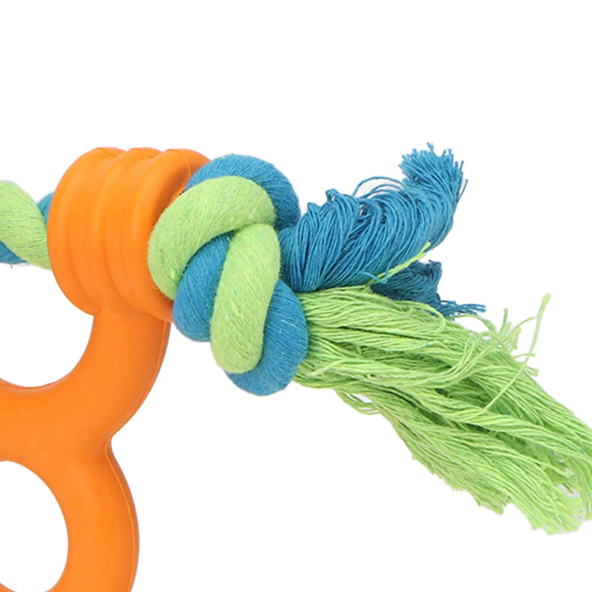 Dog rubber ring rope toy in orange colour with cotton rope handle on a white background