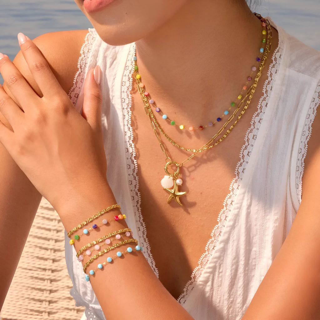 Gold-plated stainless steel double-layer necklace with colourful geometric beads on a white background
