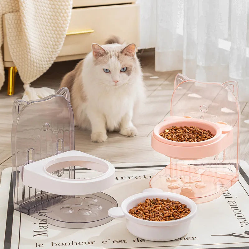 Grey cat food bowl with protective cat ear design around rim for neck protection during feeding
