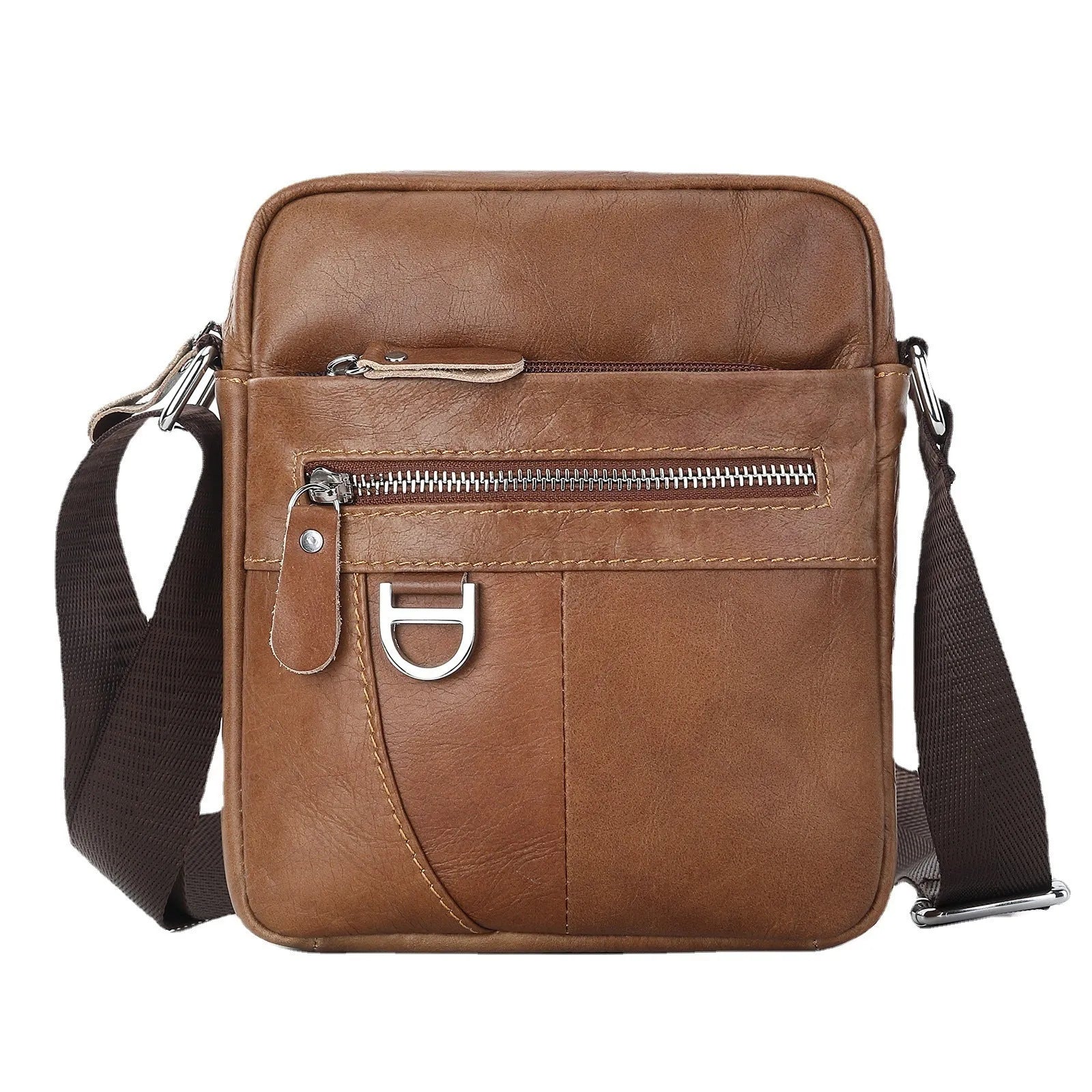 Black genuine leather messenger bag for boys with crossbody strap and sewing line detailing