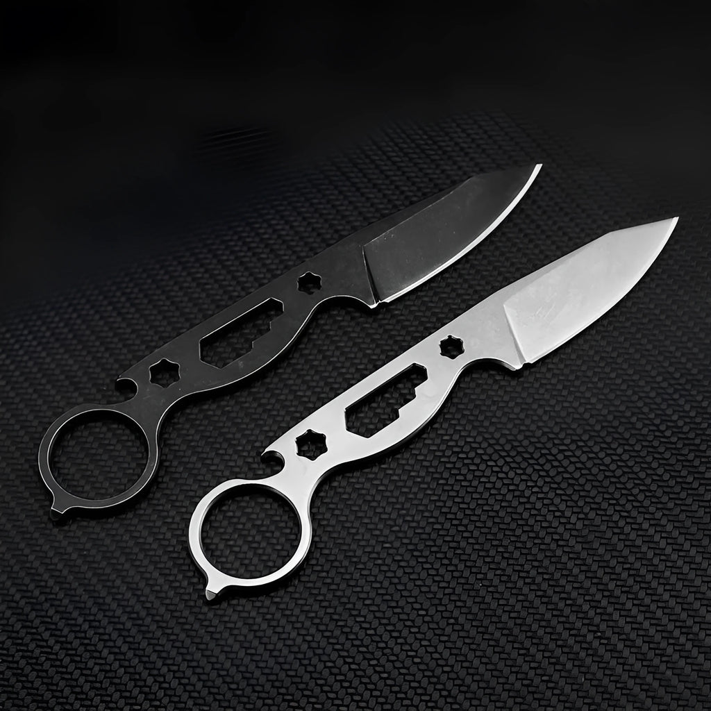 Wilderness Survival Small Straight Knife Hunting Knife Pocket Knife 440C Steel 177mm Total Length 65mm Blade 3.5mm Thick 57HRC Stone Wash Finish with K Sheath Bottle Opener Hex Wrench Broken Window Cone Black White