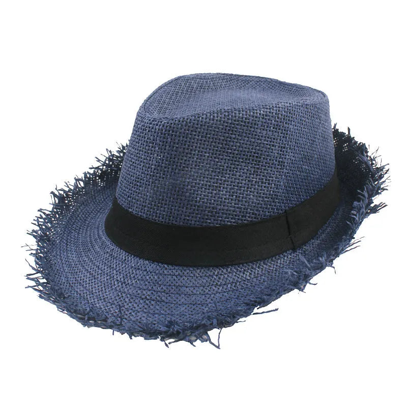 Men's straw top hat in cone shape with short brim, satin weave, free size 58cm, in khaki colour