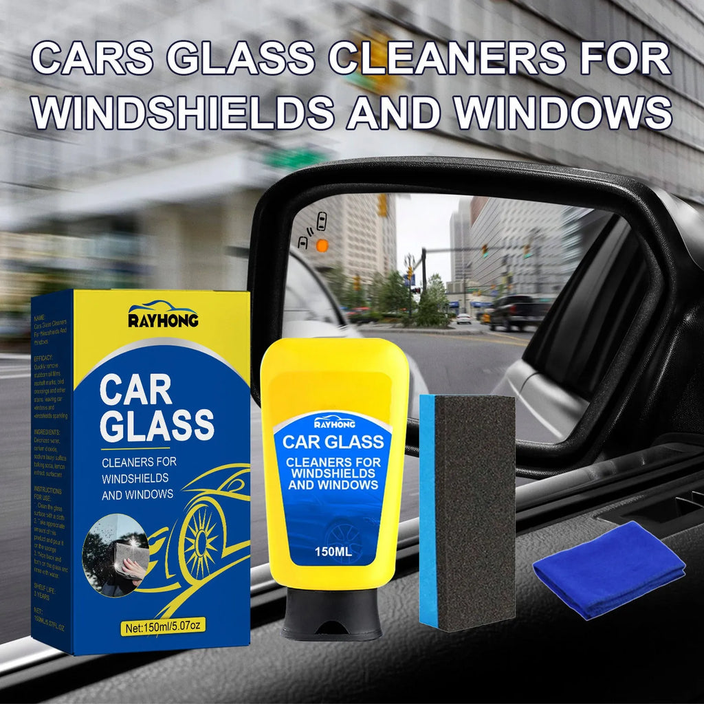 Car windscreen cleaning kit showing 150ml detergent bottle, sponge and cloth for automotive glass.