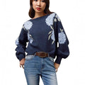 Women's sapphire blue off-neck pullover with floral jacquard pattern and loose casual fit