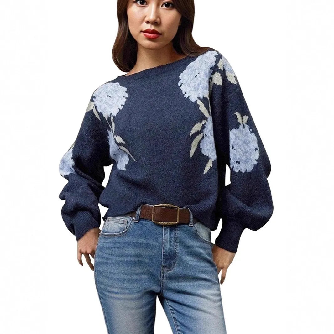 Women's sapphire blue off-neck pullover with floral jacquard pattern and loose casual fit