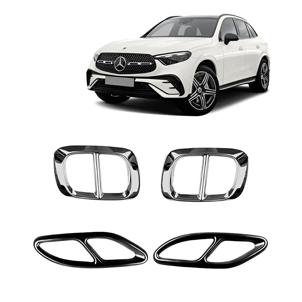 Set of two aluminium alloy tailpipe covers for 19-23 Mercedes-Benz Class A in silver finish