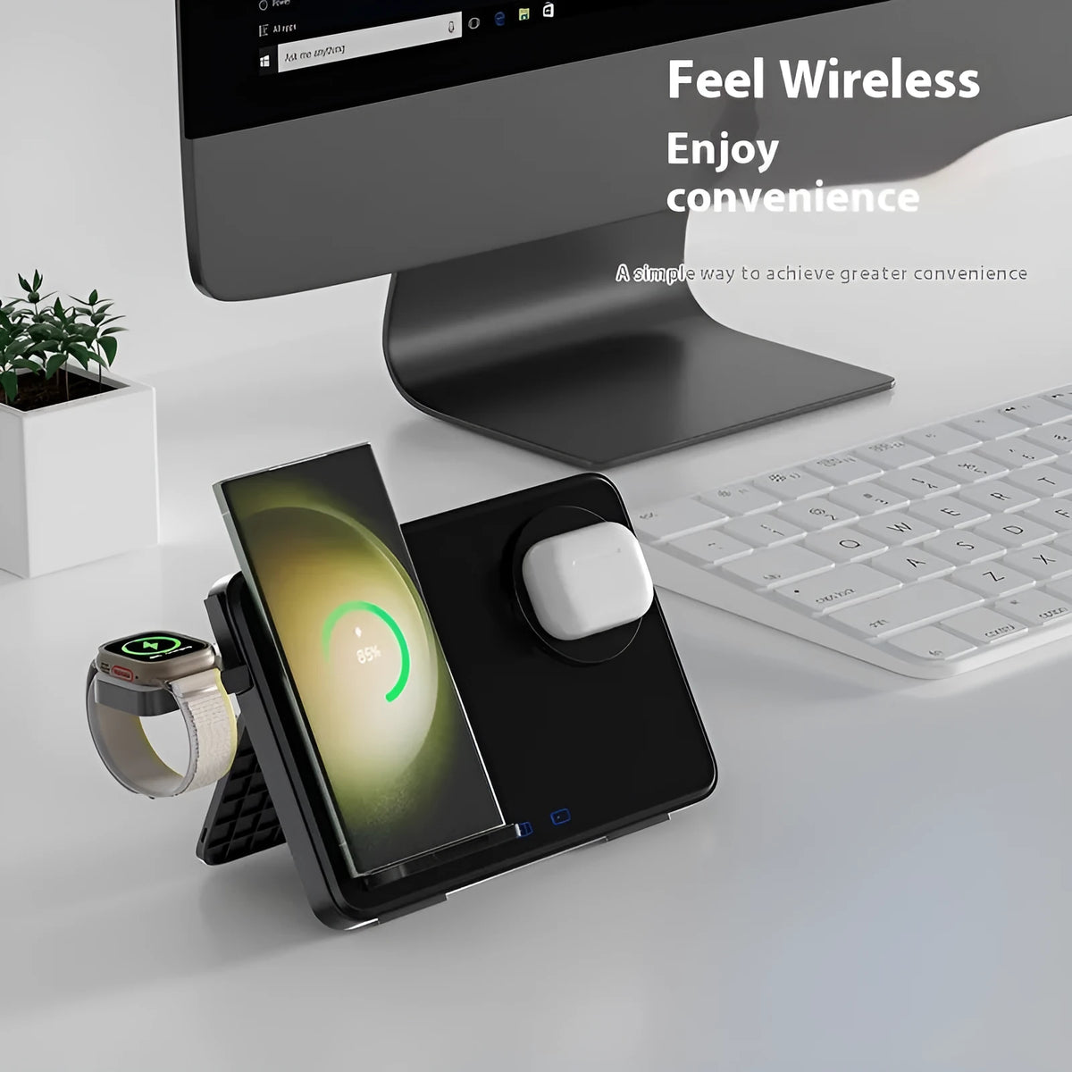 15W three-in-one wireless charger in Black or Ivory White, 184 x 21.5 x 130 mm, for Apple and Samsung devices
