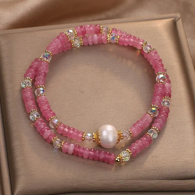 Rose red glass crystal freshwater pearl necklace bracelet set for women original design