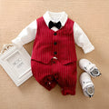 Wine red long sleeve cotton romper suit for a baby boy, shown in a gentleman style.