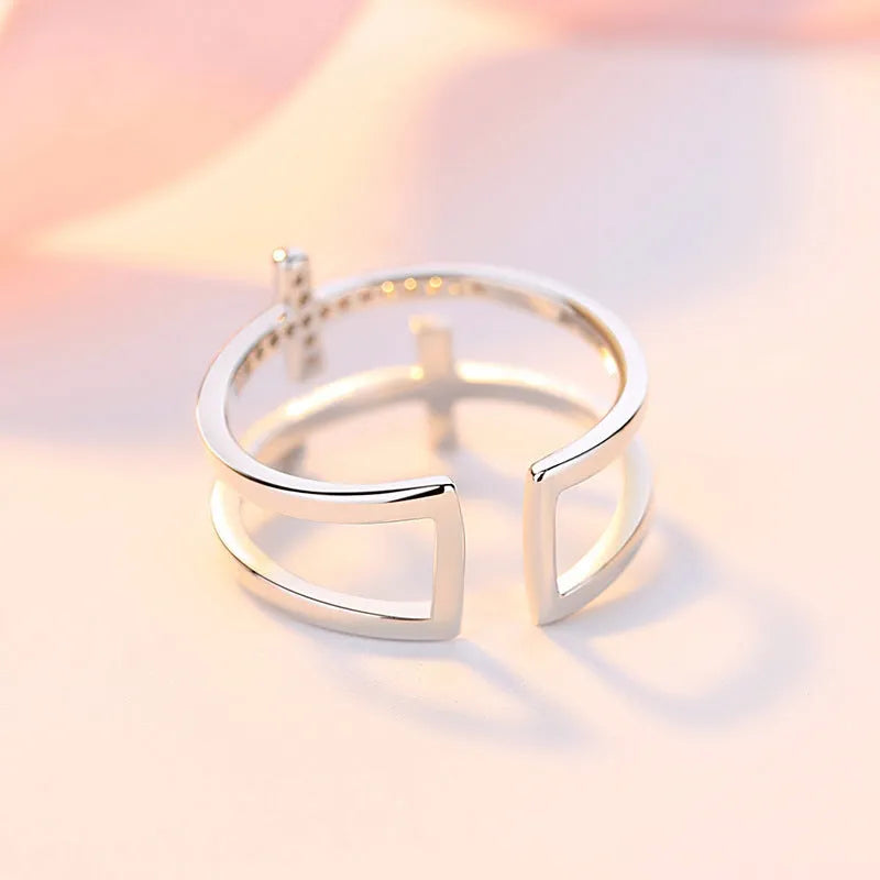 Women's adjustable double cross geometric copper ring with zircon stone in sterling silver setting