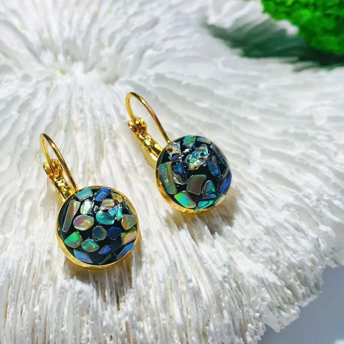 Handmade mother-of-pearl clip earrings for women with Chinese Fu character inlay, Chanel style, one pair
