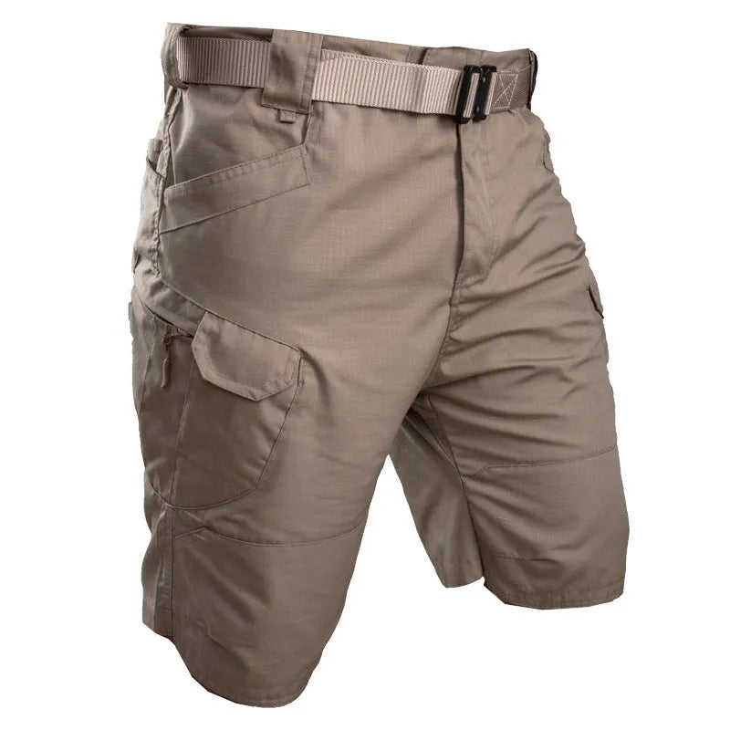 Khaki coloured tactical shorts made from cotton blend fabric on a mannequin.