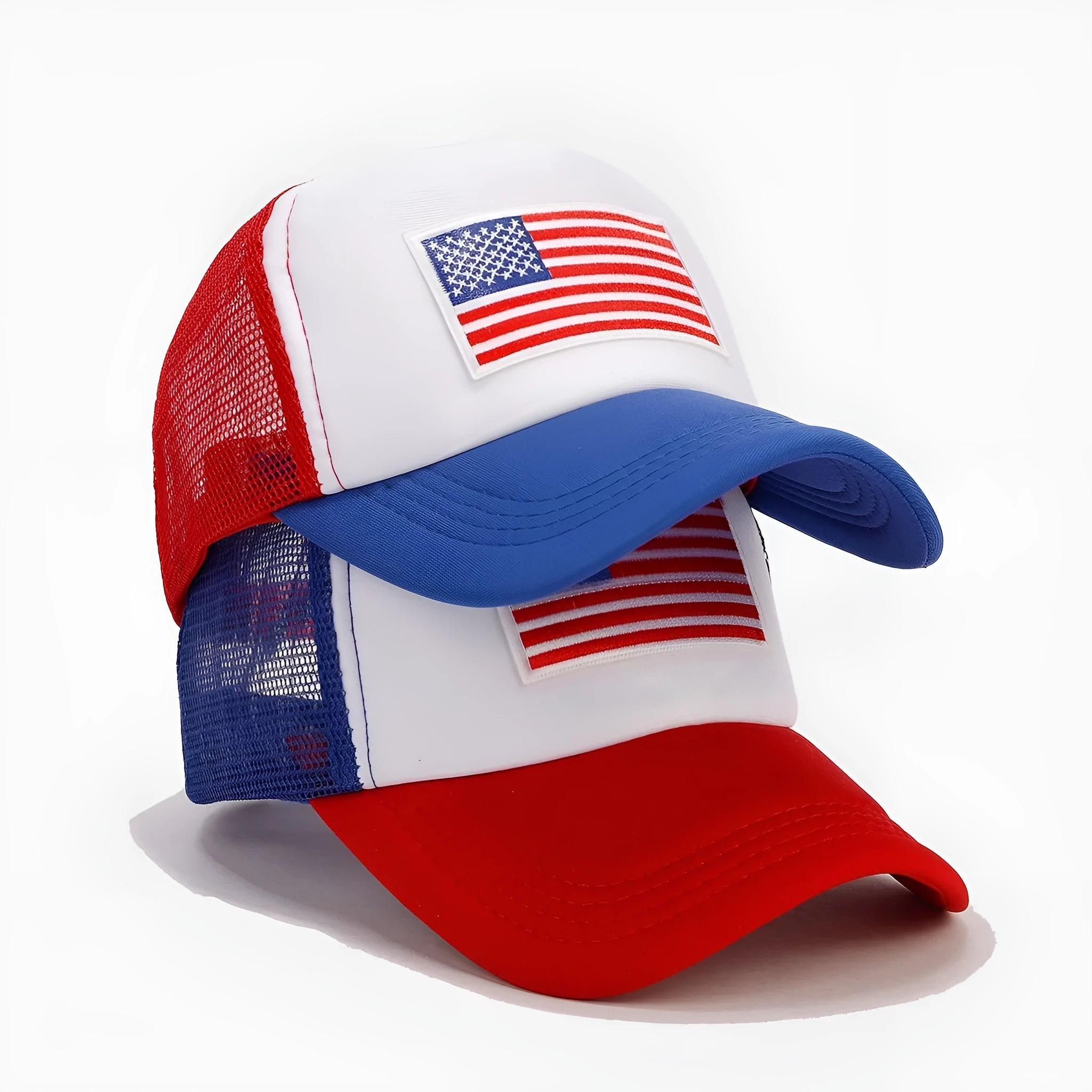 Red and blue contrasting breathable mesh baseball cap with adjustable strap on a dome crown.