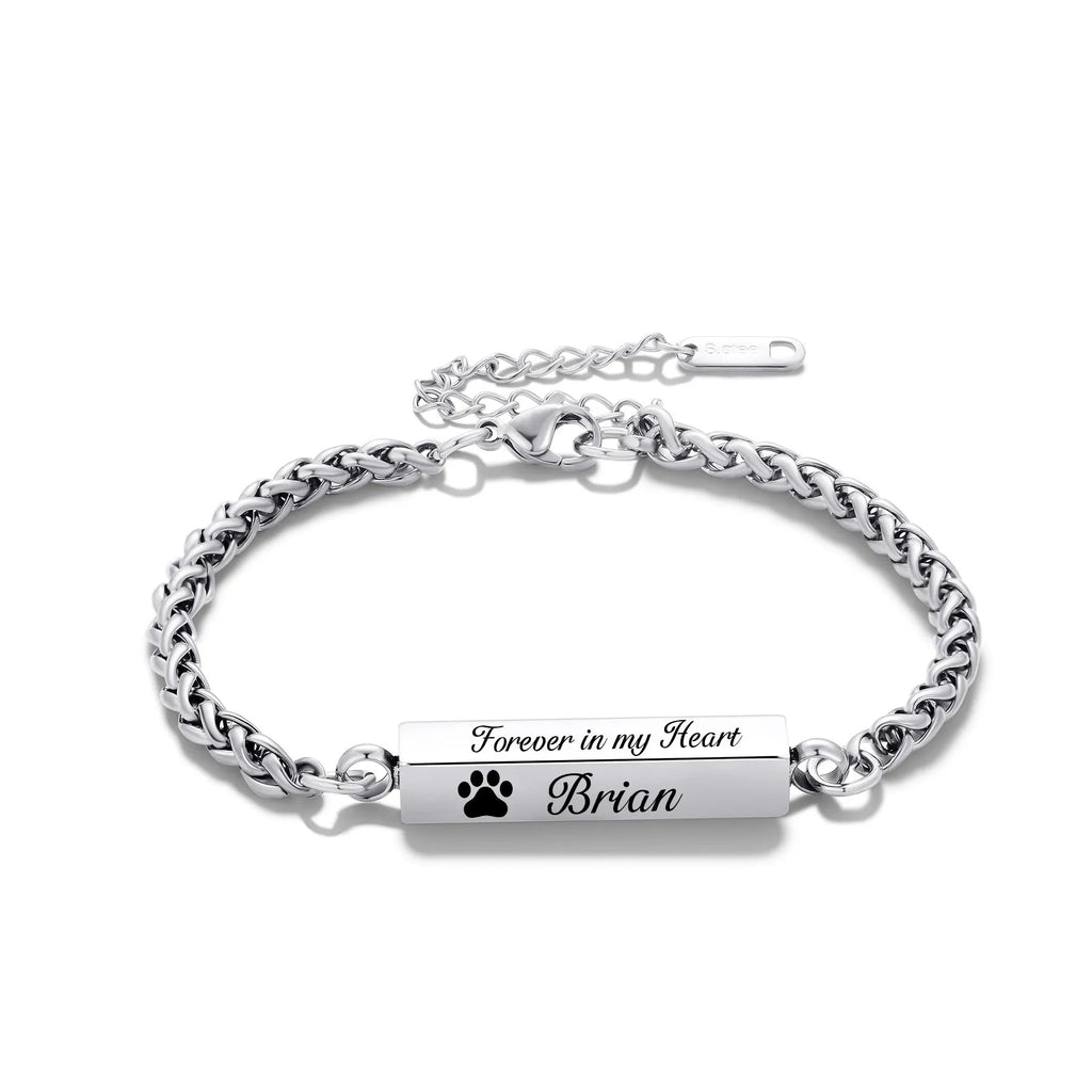 Unisex titanium steel rectangular column bracelet 6mm by 30mm on wrist, silver finish with extension chain