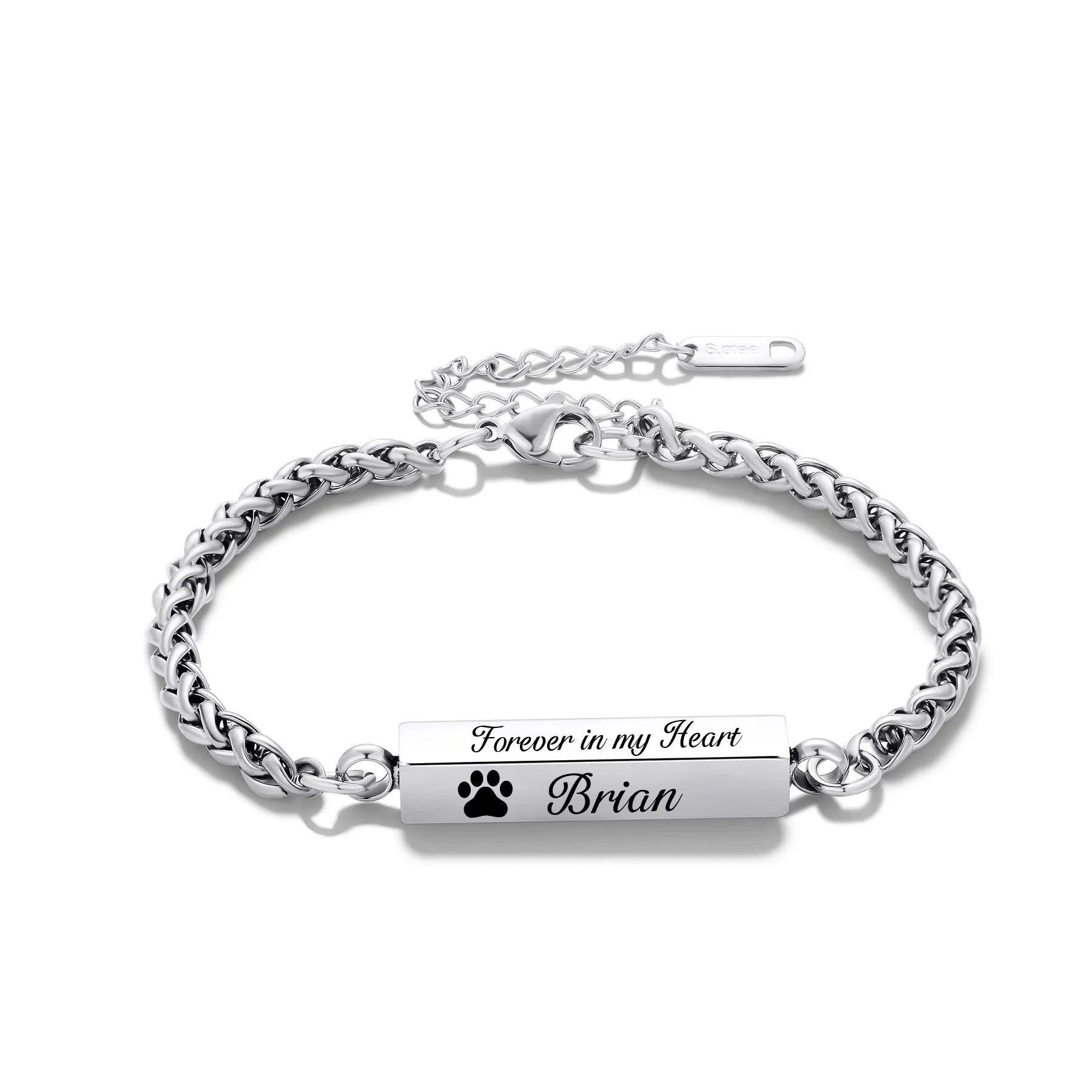 Unisex titanium steel rectangular column bracelet 6mm by 30mm on wrist, silver finish with extension chain