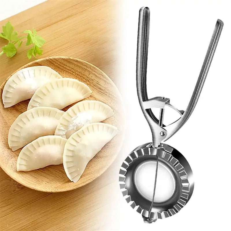 Silver stainless steel dumpling maker mould with handle for pressing homemade dumplings