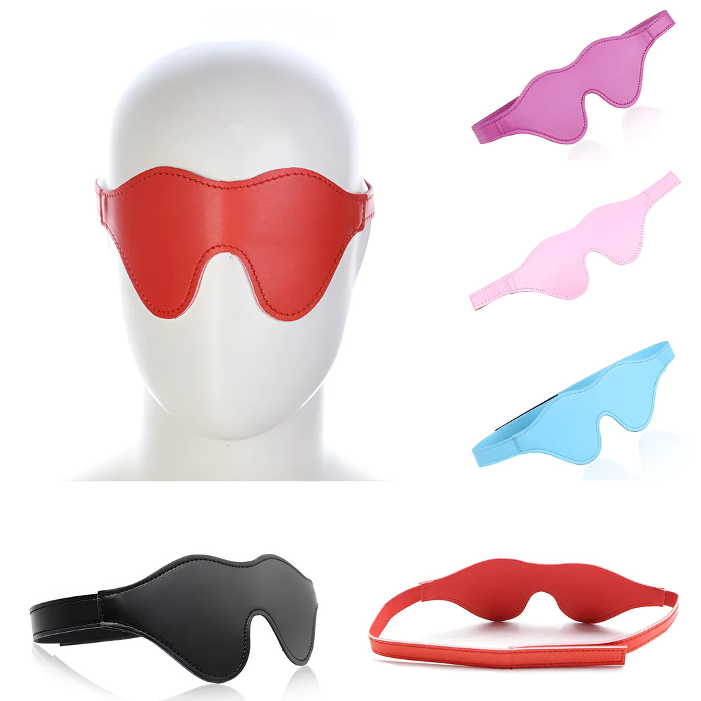 Women's leather eye mask with velcro fastening showing three-dimensional contour design in multiple colour options
