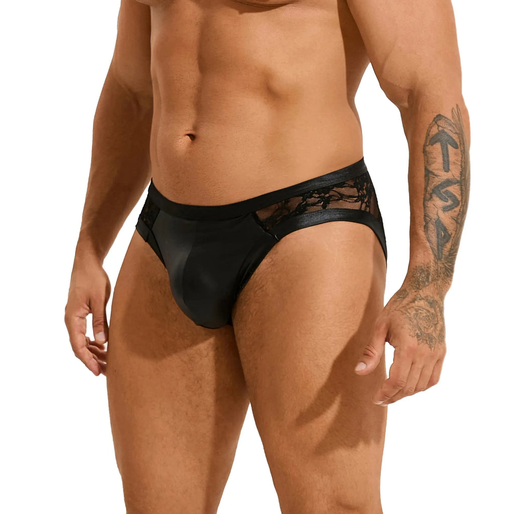 Black men's faux leather briefs with decorative lace trim and visible stitching details