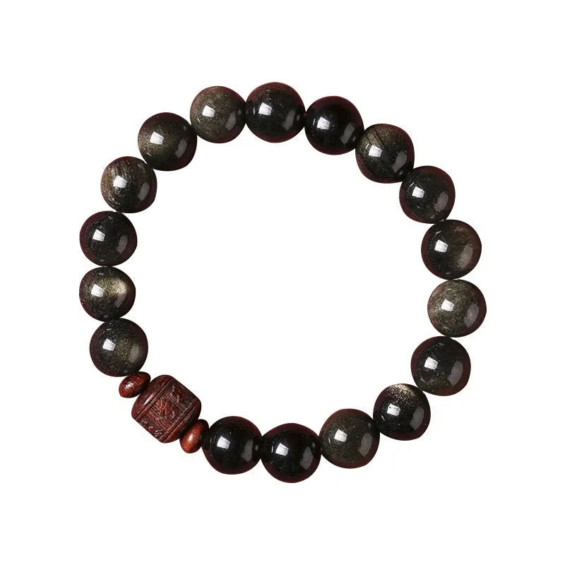 Hand-woven vintage bracelet with 10mm Golden Obsidian beads in national retro style
