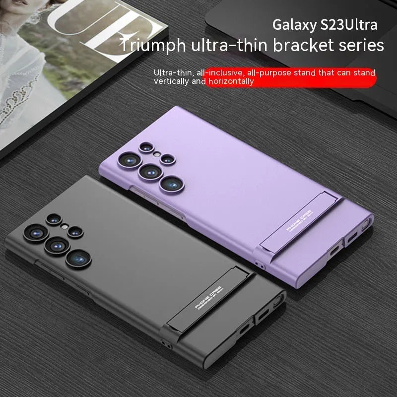 Ultra-thin frosted PC Samsung S23 phone case with built-in bracket in cool black, dark night green, dream purple, and elegant silver