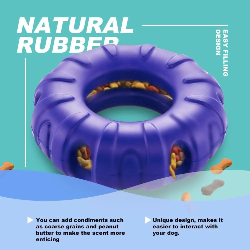 Blue tyre-shaped dog chew toy with oval openings for food dispensing