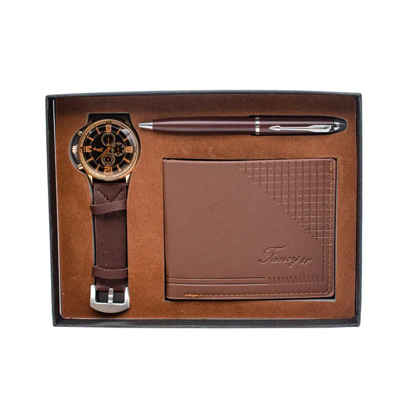 Modern business gift set showing wallet, pen and watch in brown and black colour options with gift box