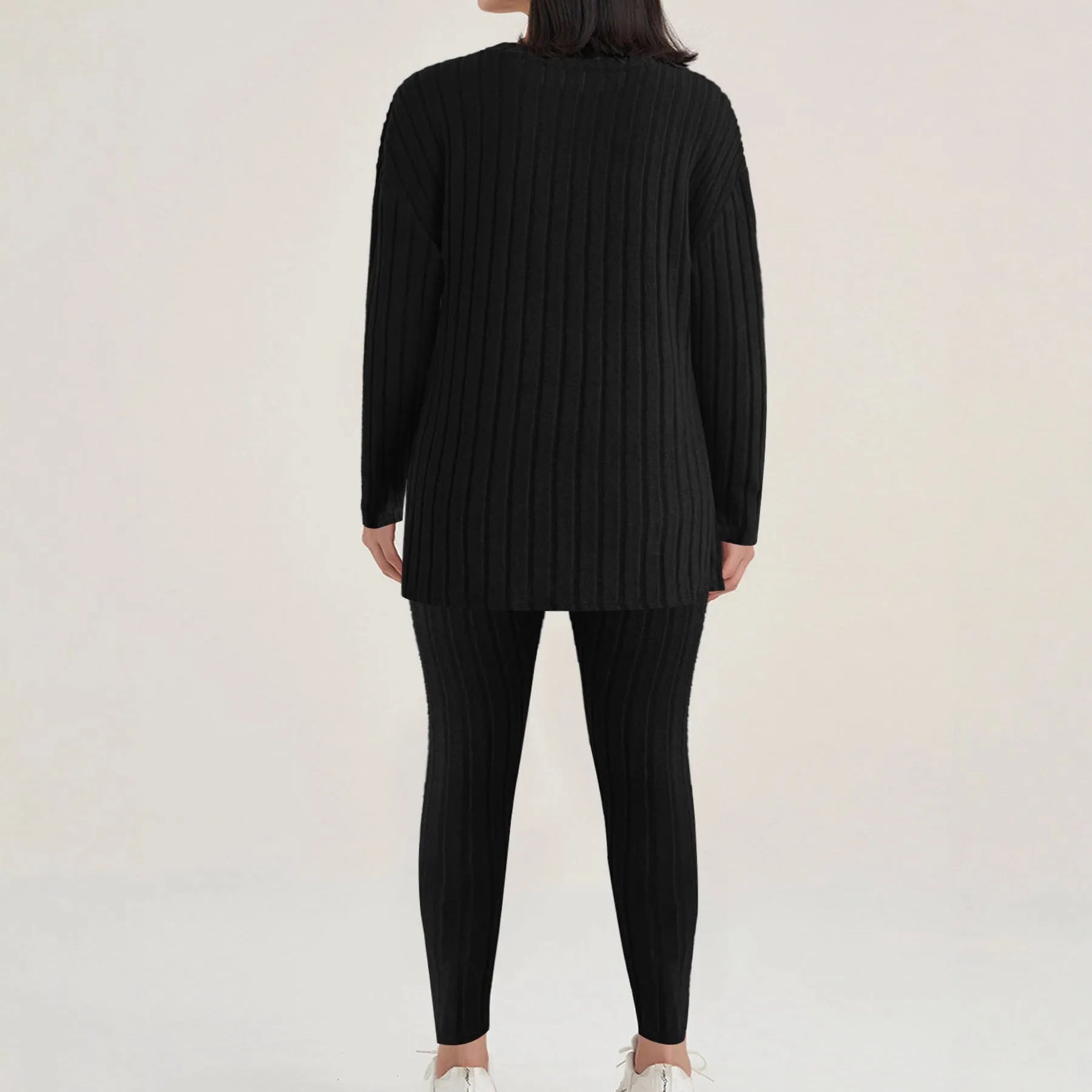Black sunken stripe two-piece homewear set with regular sleeves and matching trousers