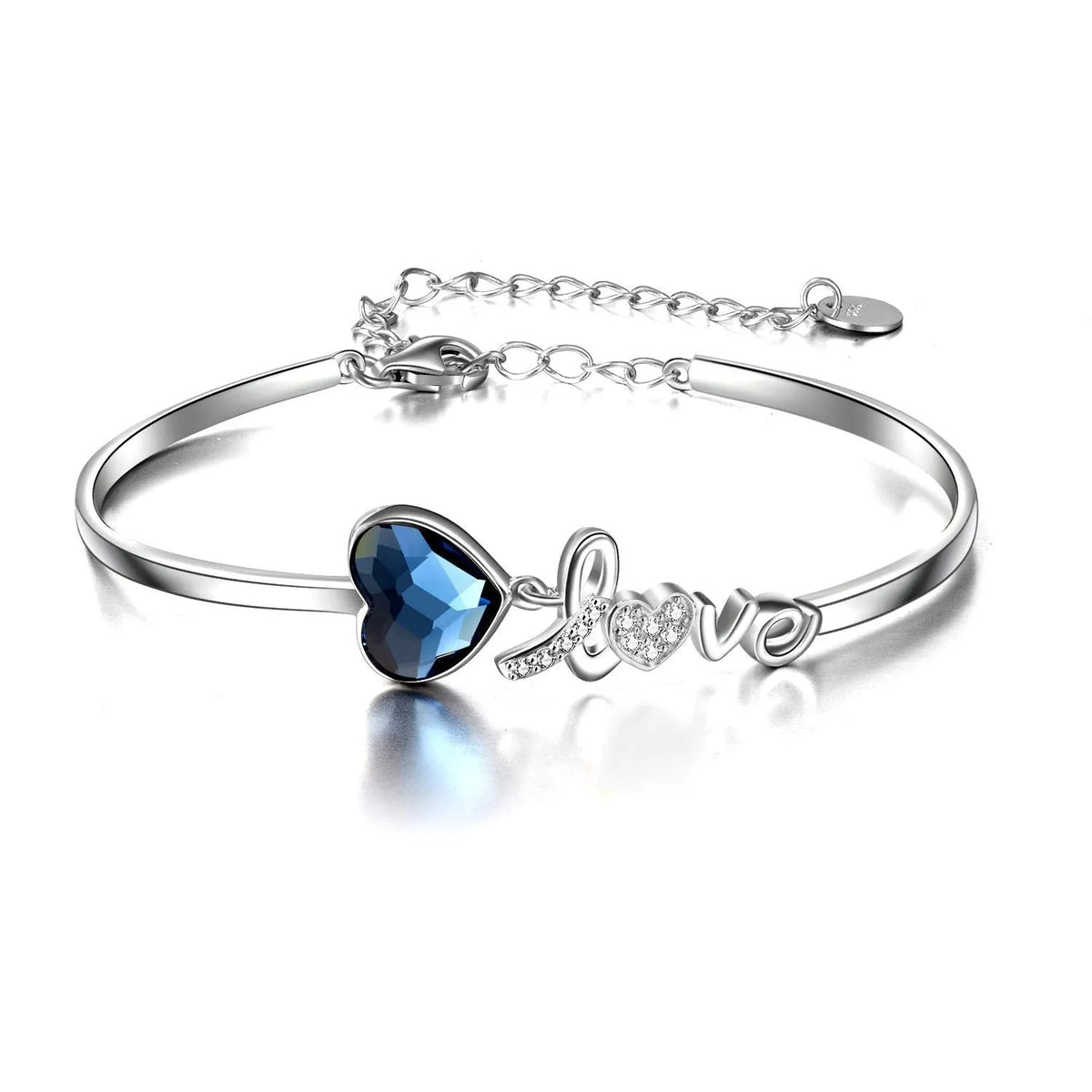 Blue Austrian crystal heart bangle bracelet with Love engraving in white gold plated sterling silver
