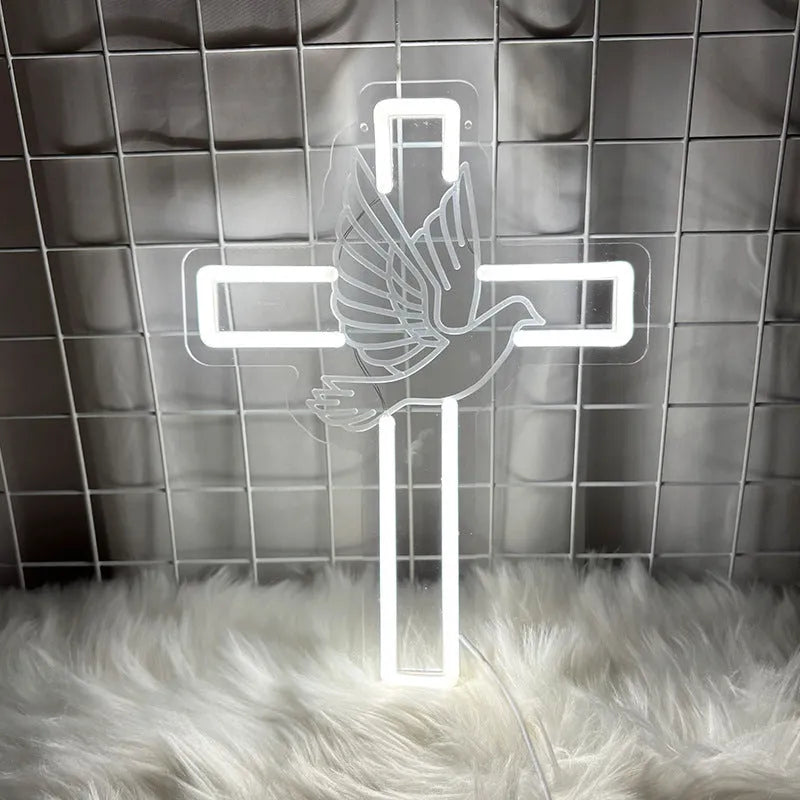 LED peace dove cross neon light, white acrylic wall light 33x24.5x1.5cm with USB 5V dimmable switch