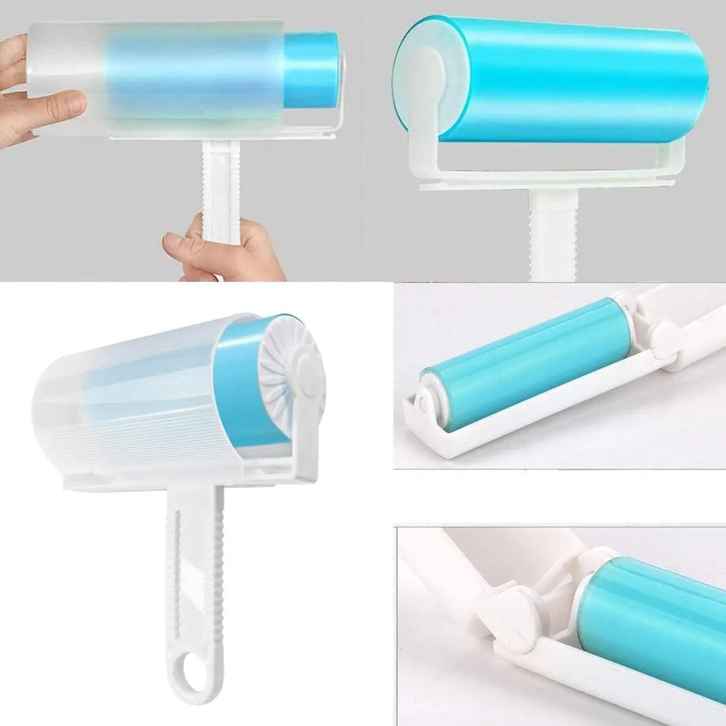 Set of four coloured washable reusable lint rollers with covers for removing pet hair.