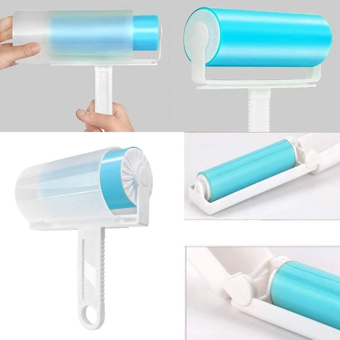 Set of four coloured washable reusable lint rollers with covers for removing pet hair.