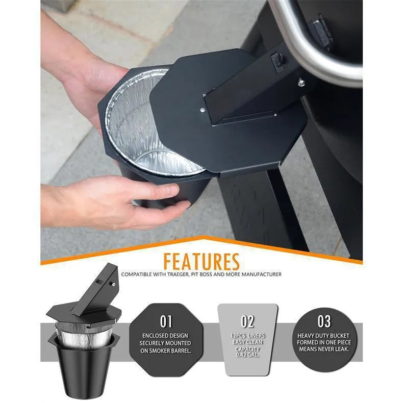 Black barbecue grease catcher with cover and aluminium foil bucket liners