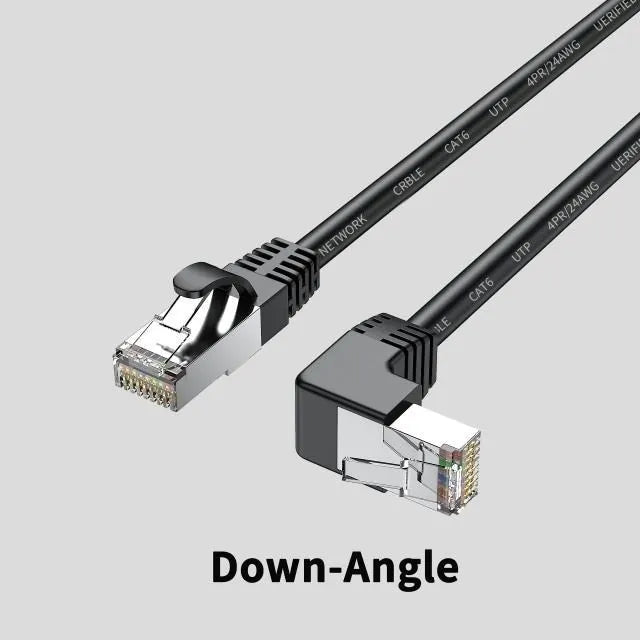 Cat6 Ethernet cable with a right-angle black RJ45 connector alongside cables in white, red, and yellow.