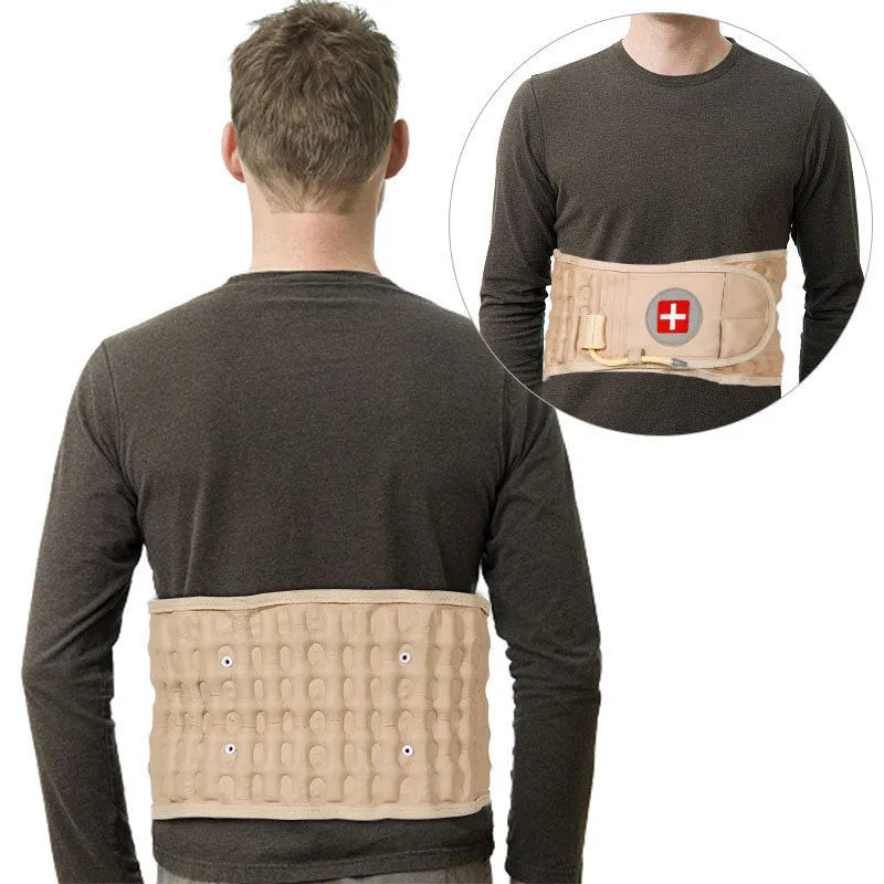Unisex inflatable waist support traction belt in apricot or blue with PU leather, cotton fabric, PU inner layer, and Velcro