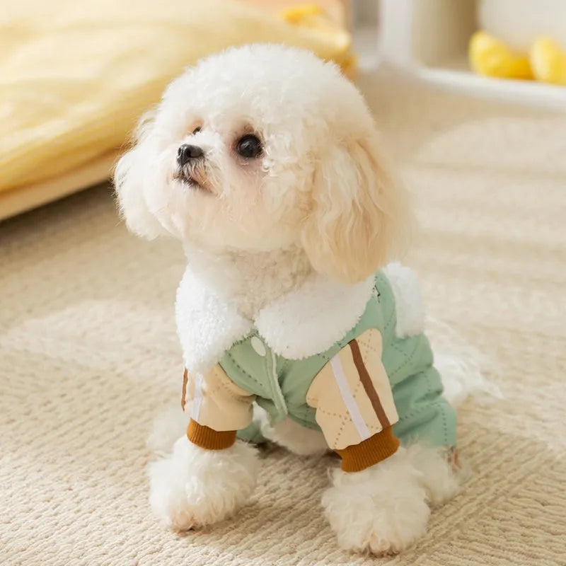 Warm thick Maillard pocket patch four-legged cotton coat for dogs in green, lying on a surface