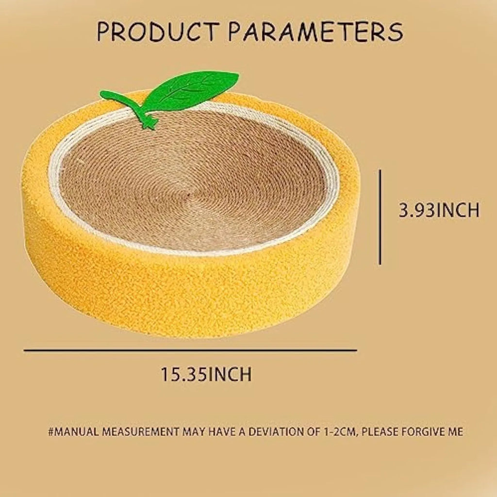 Yellow round sisal cat scratching board and bed with a concave centre for cats.
