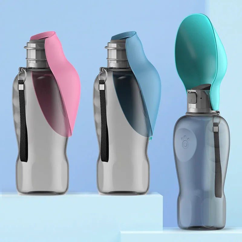 Blue grey portable dog water bottle with foldable drinking bowl showing 800ml capacity markings