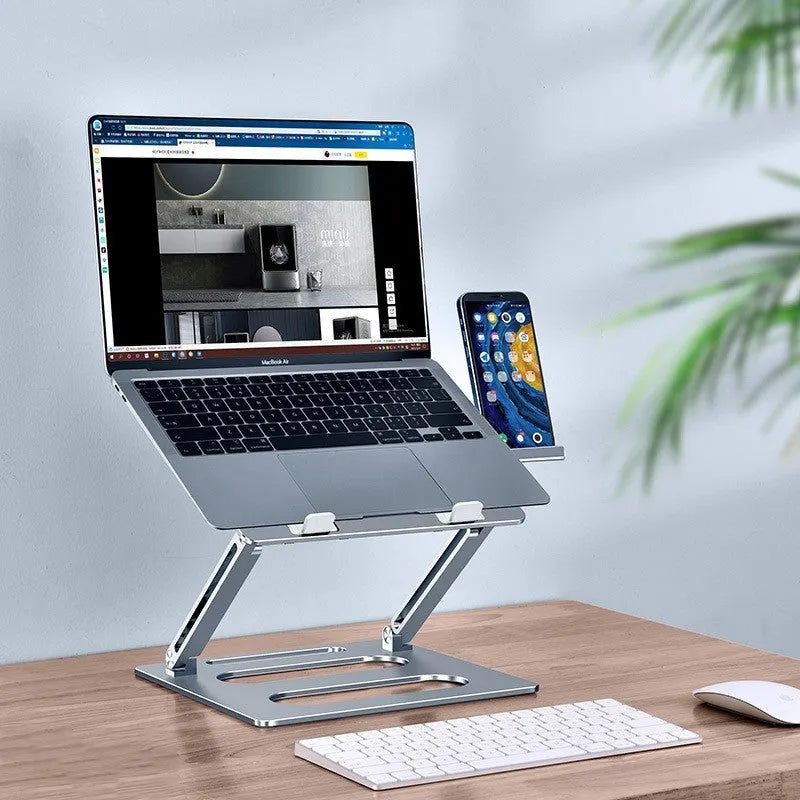 Aluminium alloy metal laptop stand with 340mm elevation height on a desk, silver colour
