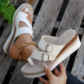 White patent leather wedge sandals with woven upper and peep toe design