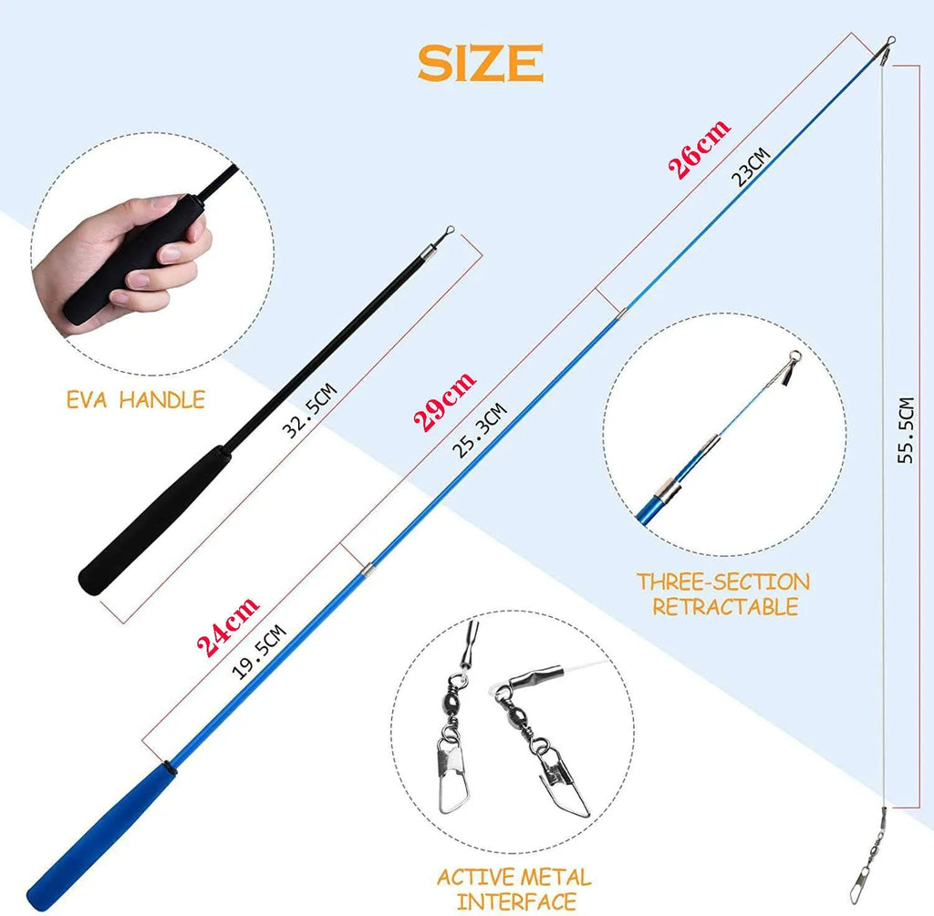 Adjustable cat teasing pole with feather attachment heads for interactive play